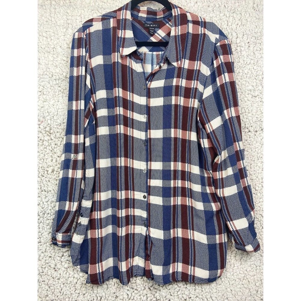 Tribal plaid 100% Viscose  multicolor button up long sleeve blouse women's  2XL